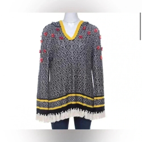 Tory Burch Runway Hooded Sweater XS 100% Linen Fringe Floral Rosette Boho Knit - Picture 1 of 6